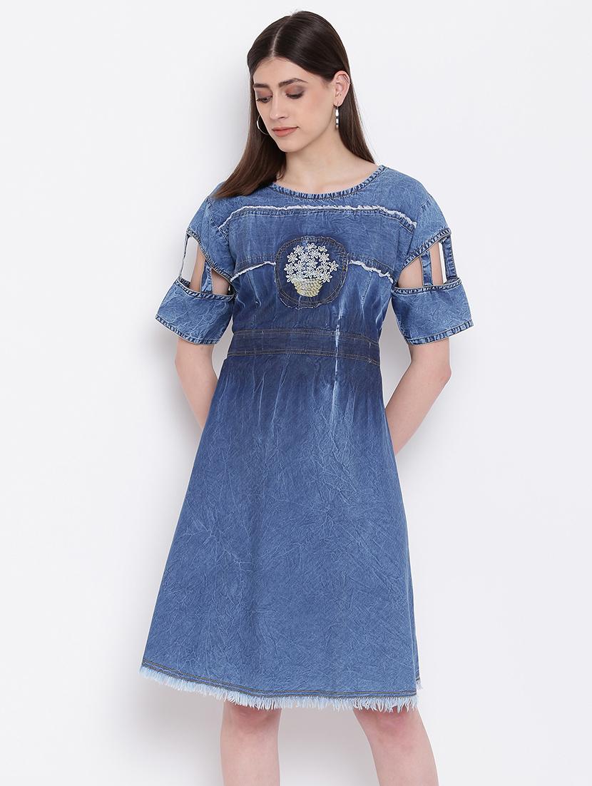 cut out sleeved embroidered denim dress - 16113971 - Zoom Image - 1