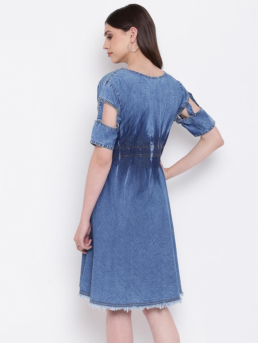 cut out sleeved embroidered denim dress - 16113971 - Zoom Image - 3