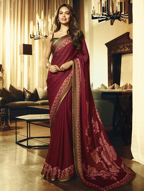 lace border brasso printed saree with blouse - 16119951 - Standard Image - 1