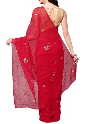 maroon floral embroidered saree with blouse - 16120155 - Standard Image - 2