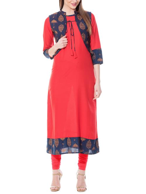 red straight kurta with printed jacket - 16121088 - Standard Image - 1