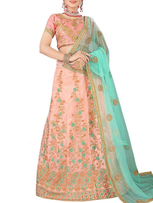 peach floral embroidered a-line lehenga - 16132268 - Standard Image - 1