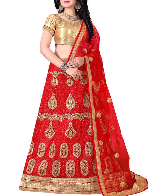 red embroidered a-line lehenga - 16132288 - Very Small Image - 1
