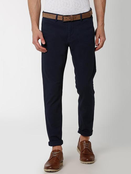 navy blue solid chinos - 16137404 - Standard Image - 1