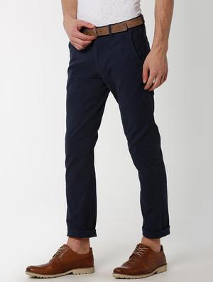 navy blue solid chinos - 16137404 - Standard Image - 2