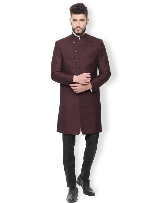 red polyester blend bandhgala suit - 16137498 - Standard Image - 1