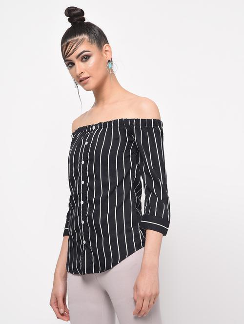 off shoulder button up striped top - 16138248 - Standard Image - 1