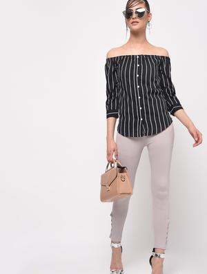 off shoulder button up striped top - 16138248 - Standard Image - 4