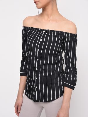 off shoulder button up striped top - 16138248 - Standard Image - 5
