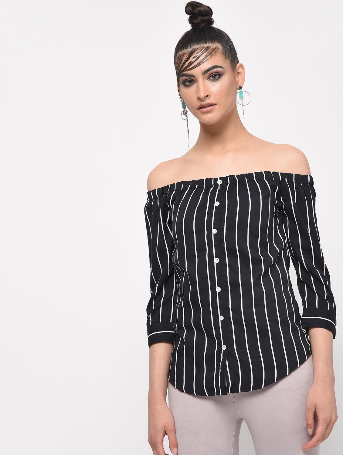 off shoulder button up striped top - 16138248 - Zoom Image - 2