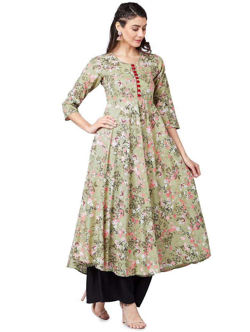 contrast piping floral flared kurta - 16138839 - Zoom Image - 2