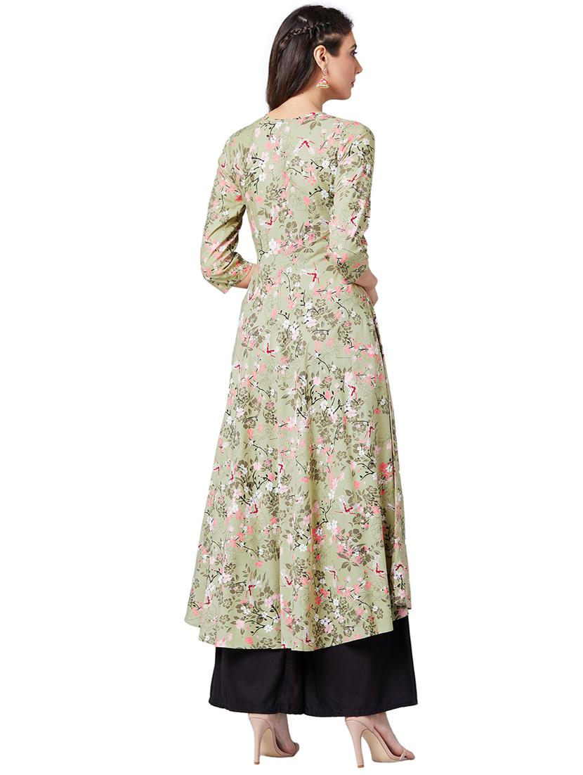 contrast piping floral flared kurta - 16138839 - Zoom Image - 3