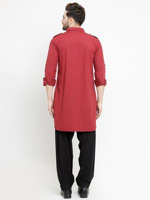 red solid pathani kurta - 16140039 - Standard Image - 3