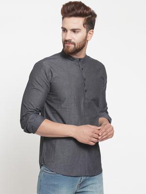 grey solid short kurta - 16140054 - Standard Image - 2