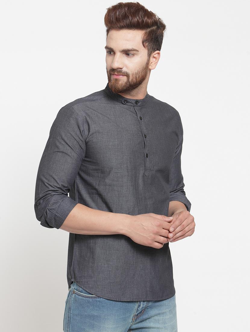 grey solid short kurta - 16140054 - Zoom Image - 2