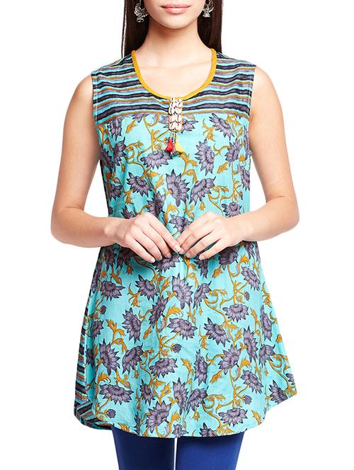 turquoise floral a-line kurti - 16140637 - Standard Image - 1