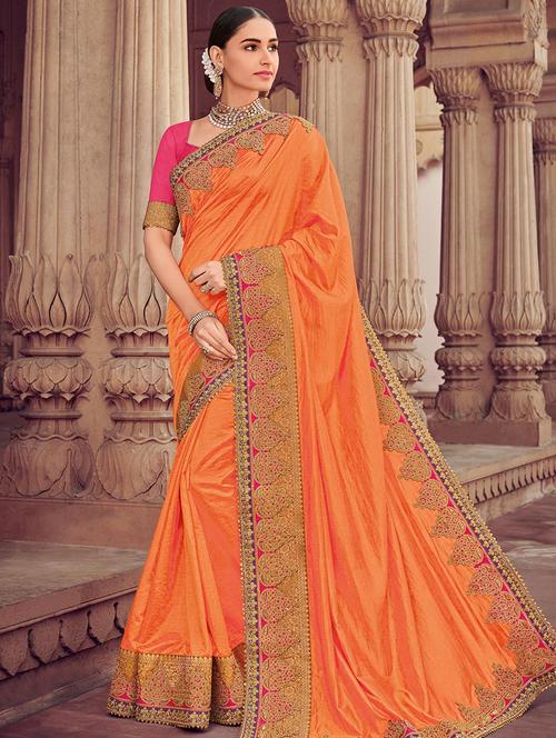 orange embroidered border saree with blouse - 16141656 - Standard Image - 1