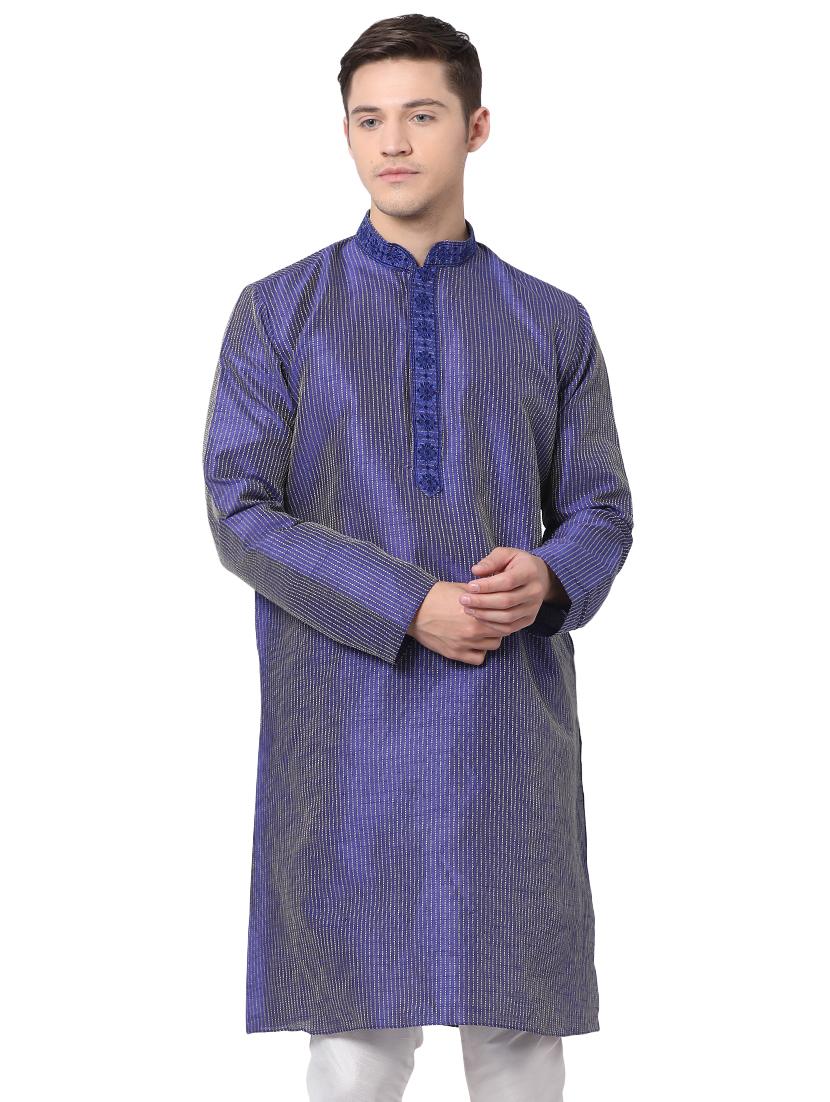 blue silk blend long kurta - 16141808 - Zoom Image - 1