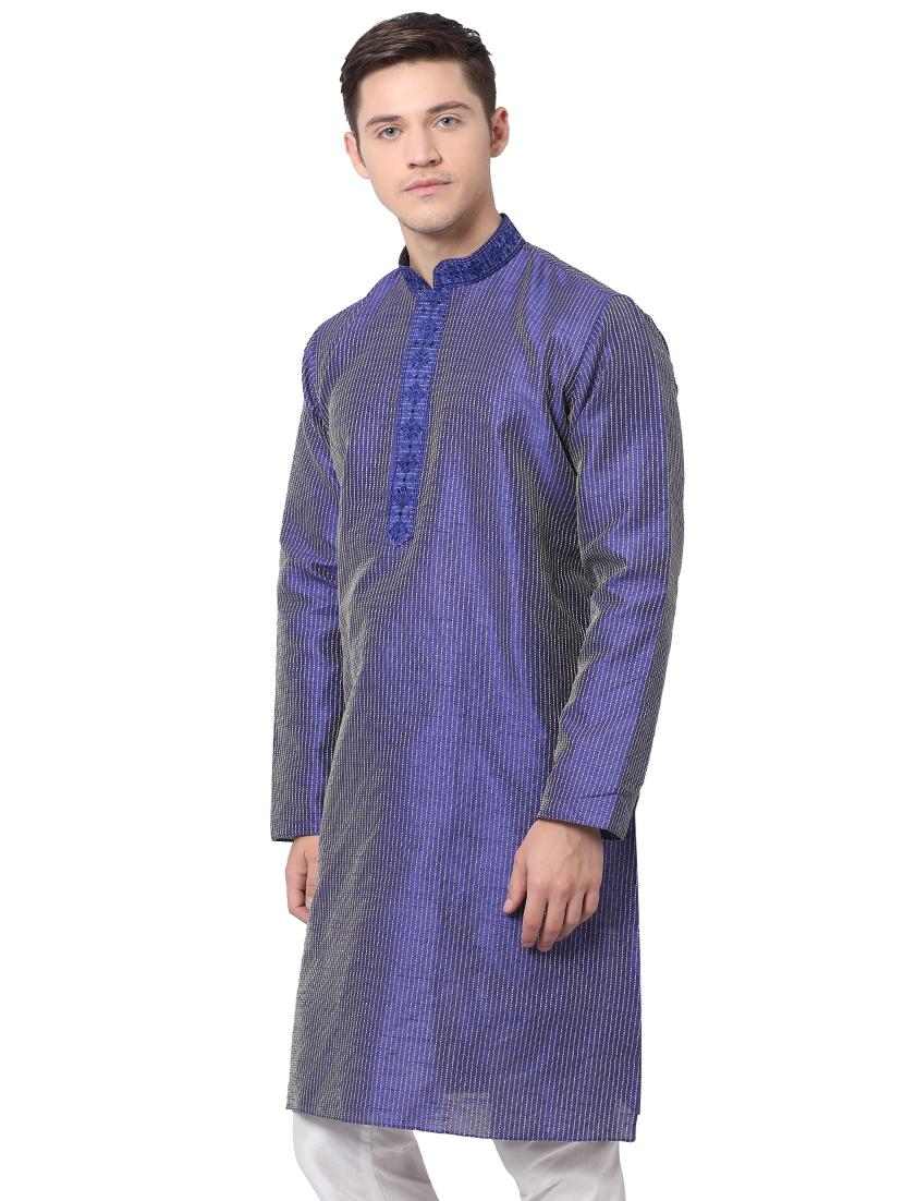 blue silk blend long kurta - 16141808 - Zoom Image - 2