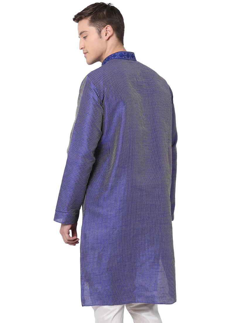 blue silk blend long kurta - 16141808 - Zoom Image - 3