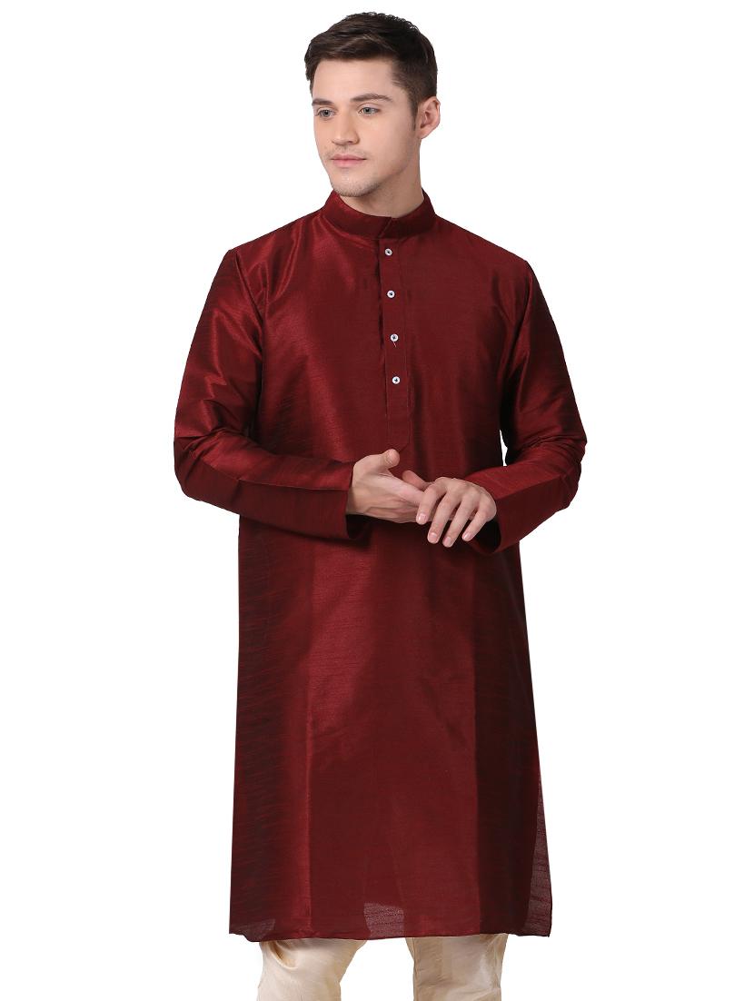 maroon dupion long kurta - 16141826 - Zoom Image - 1