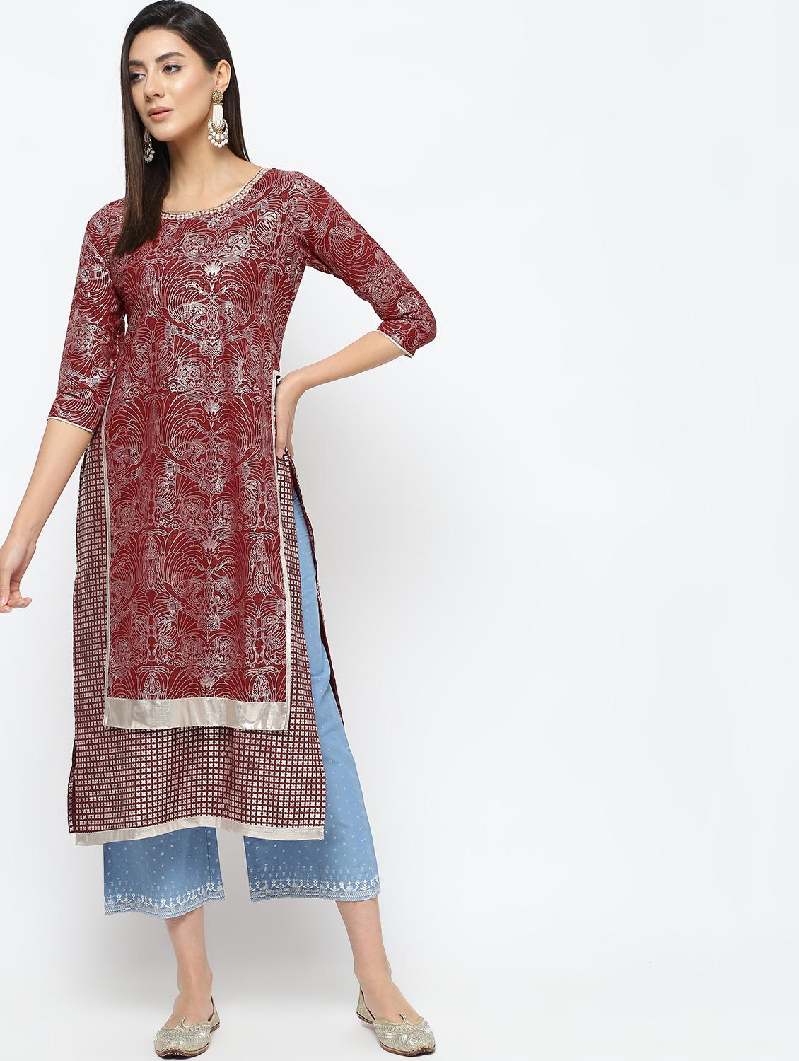 foil printed layered kurta - 16141897 - Zoom Image - 1