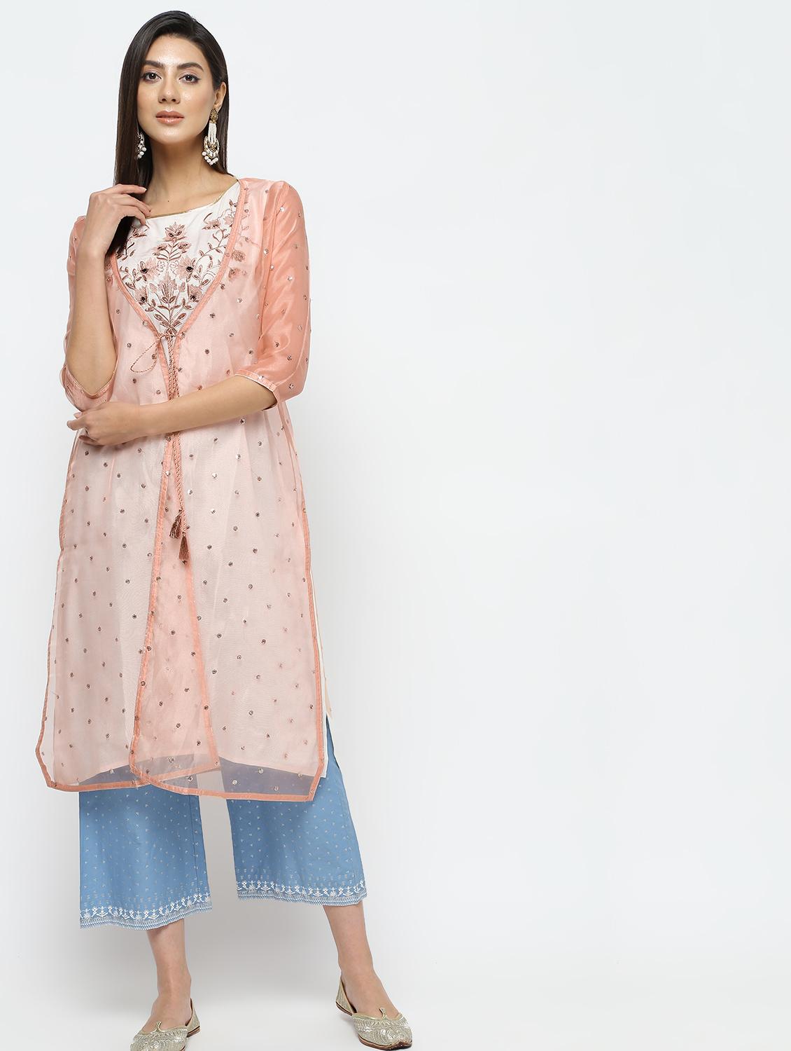 embroidered kurta with jacket - 16141906 - Zoom Image - 1