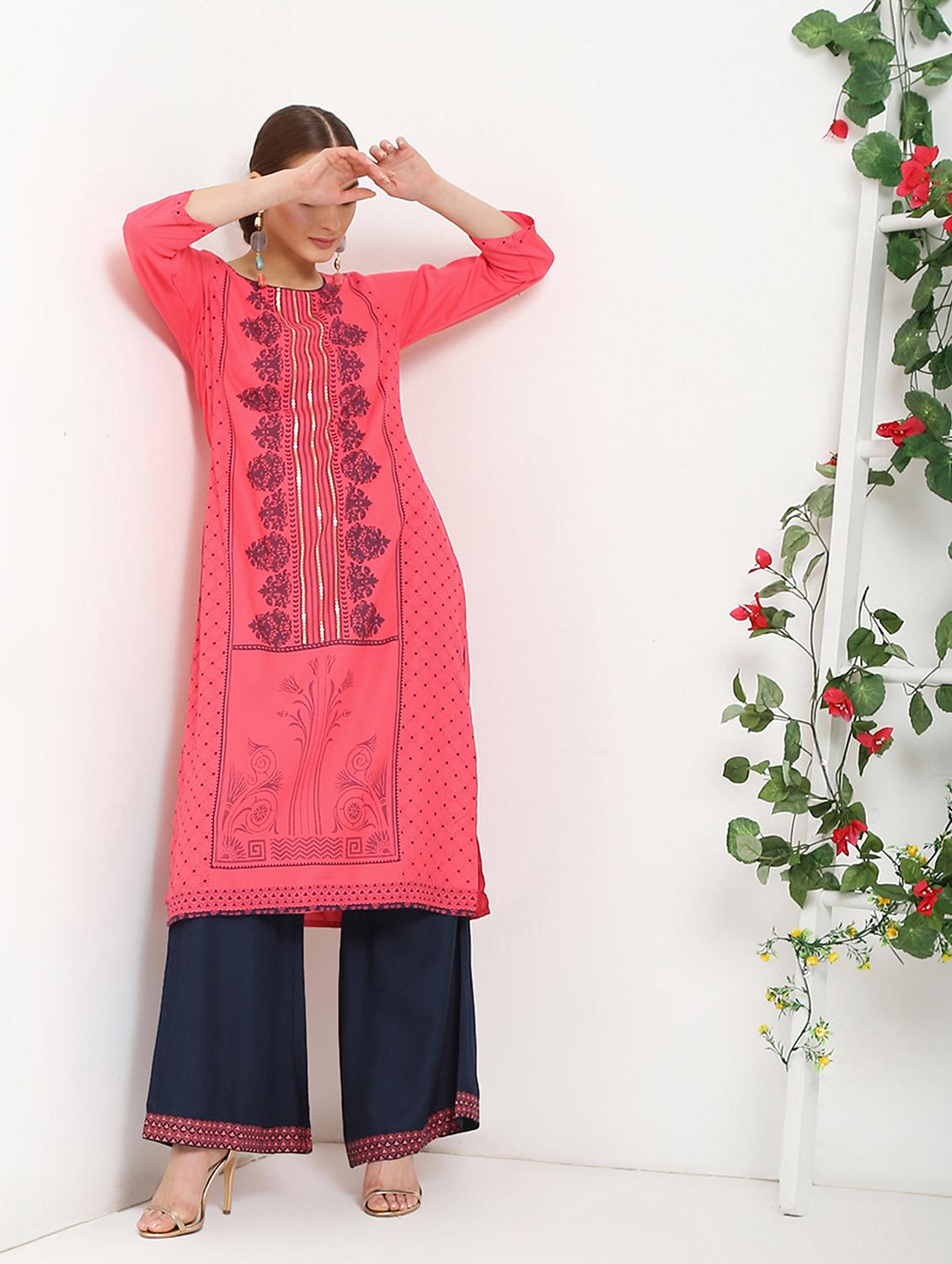 block printed kurta palazzo set - 16141928 - Zoom Image - 1