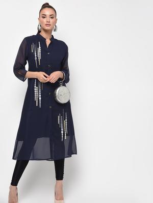 embroidered a-line solid kurta - 16143099 - Standard Image - 4