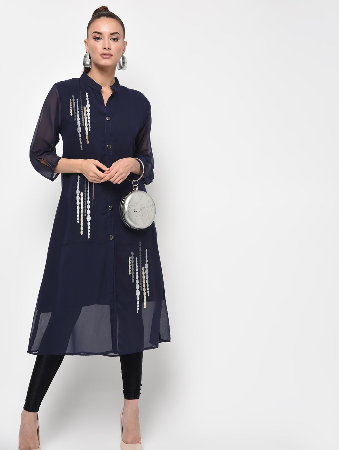 embroidered a-line solid kurta - 16143099 - Zoom Image - 4