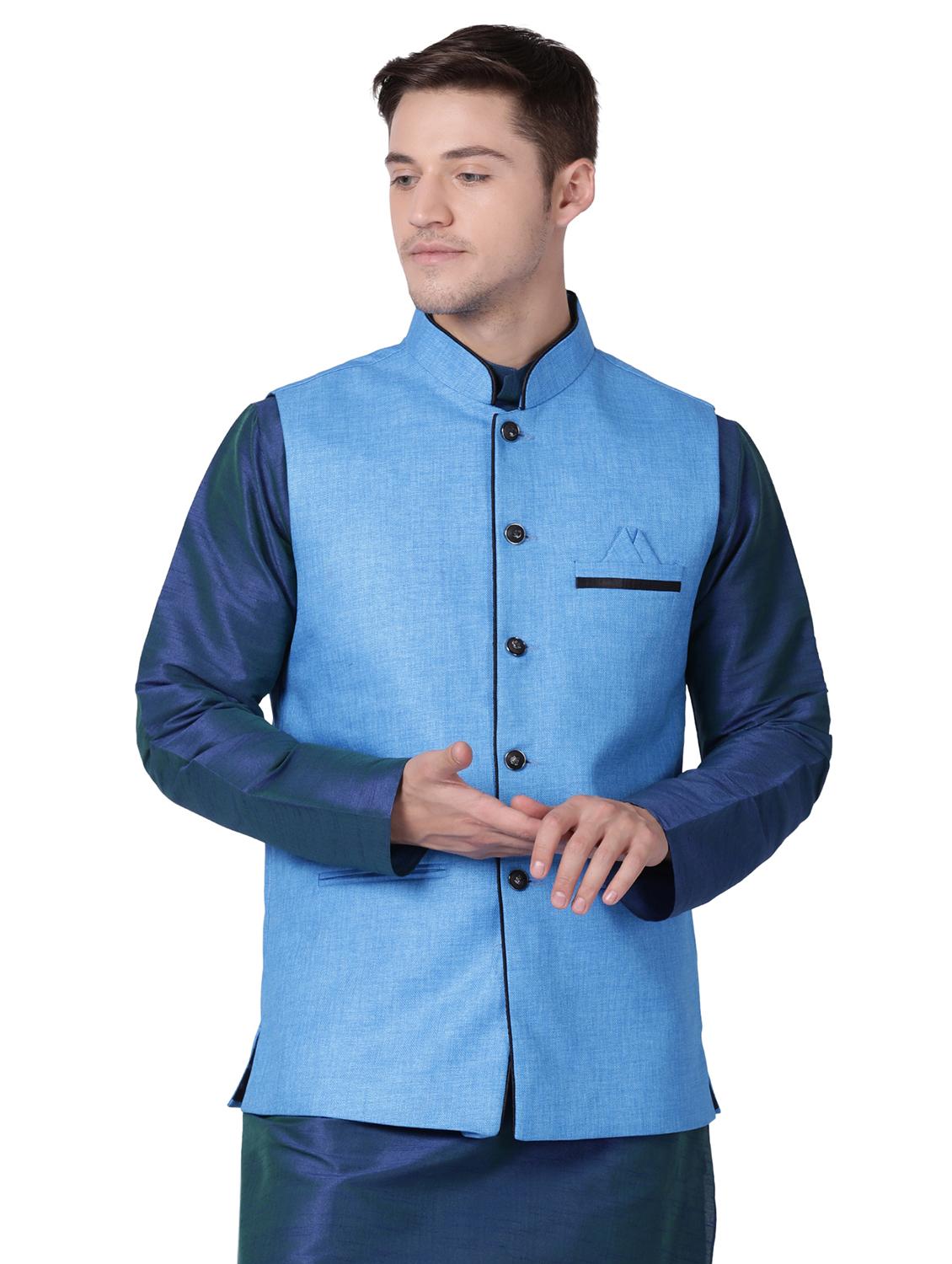 blue cotton nehru jacket - 16157268 - Zoom Image - 1