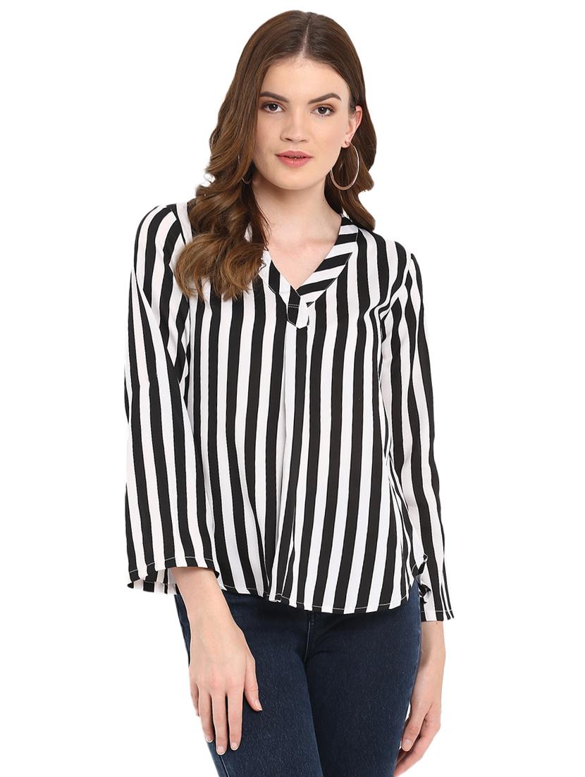 curved hem pleat detail striped top - 16159228 - Zoom Image - 1