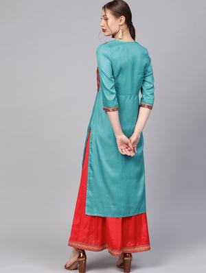 turquoise contrast straight kurta - 16165612 - Standard Image - 3