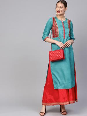 turquoise contrast straight kurta - 16165612 - Standard Image - 4