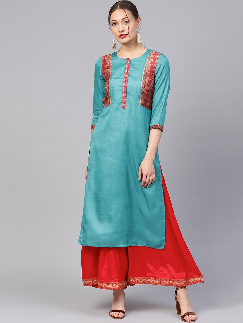 turquoise contrast straight kurta - 16165612 - Zoom Image - 1