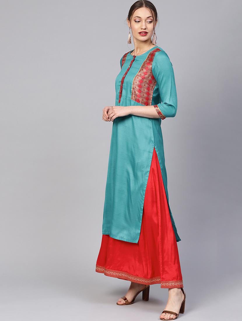 turquoise contrast straight kurta - 16165612 - Zoom Image - 2