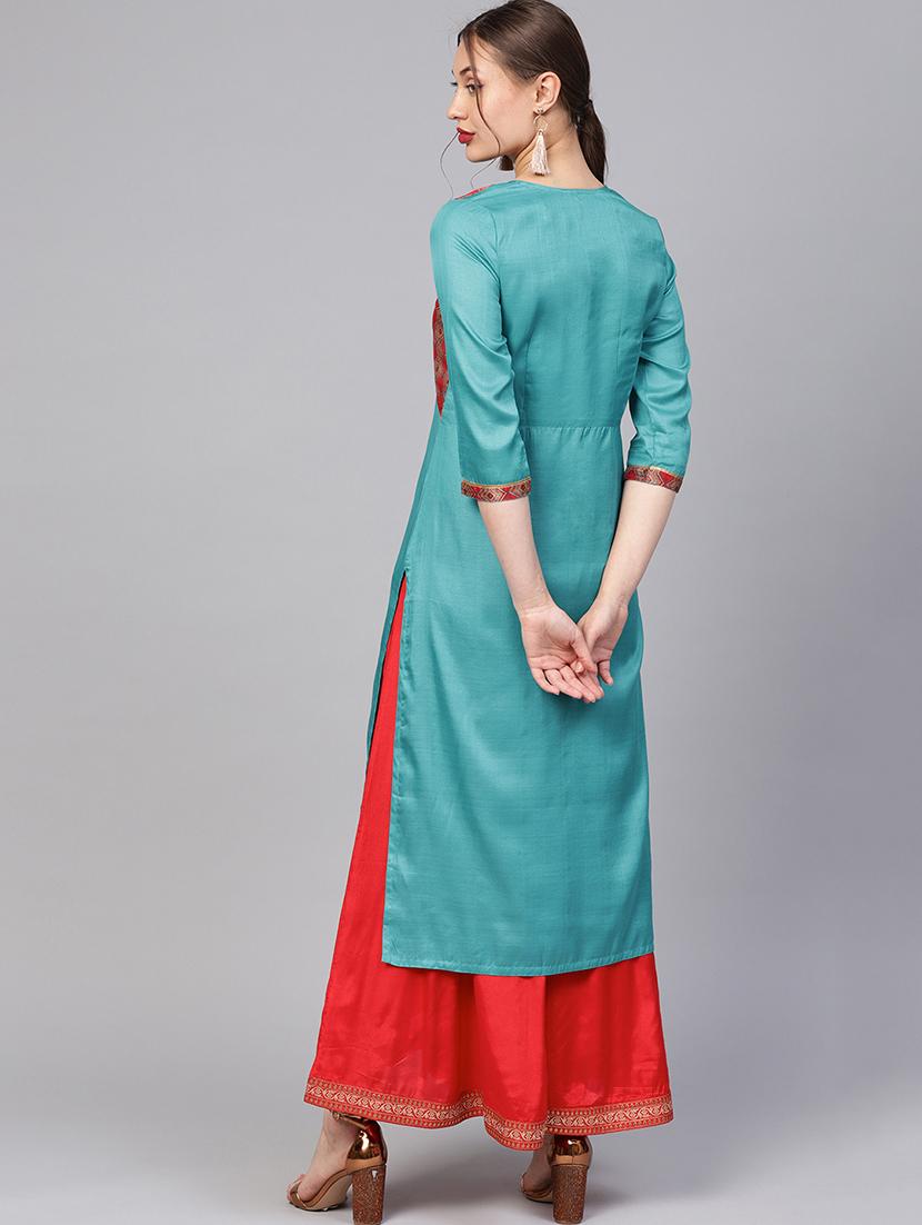 turquoise contrast straight kurta - 16165612 - Zoom Image - 3