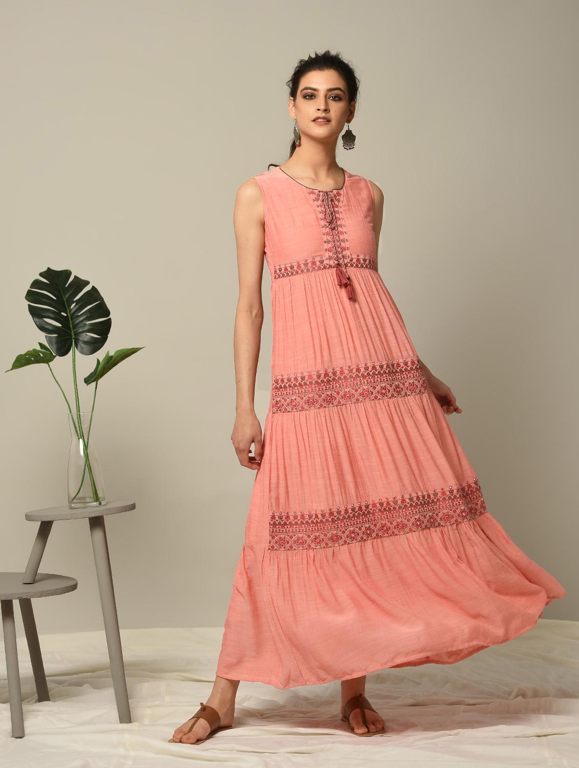 peach embroidered tiered kurta - 16167242 - Zoom Image - 1