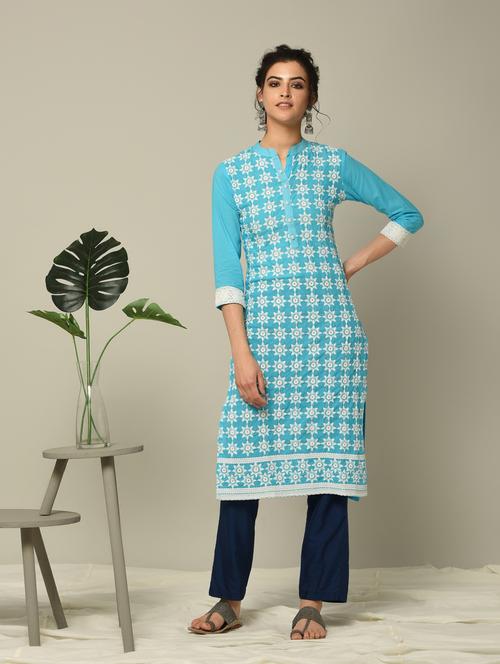 sky blue embroidered straight kurta - 16167262 - Standard Image - 1