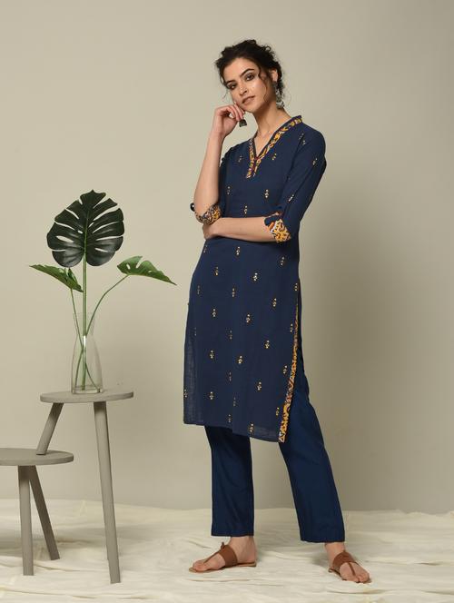 navy embroidered straight kurta - 16167265 - Standard Image - 1