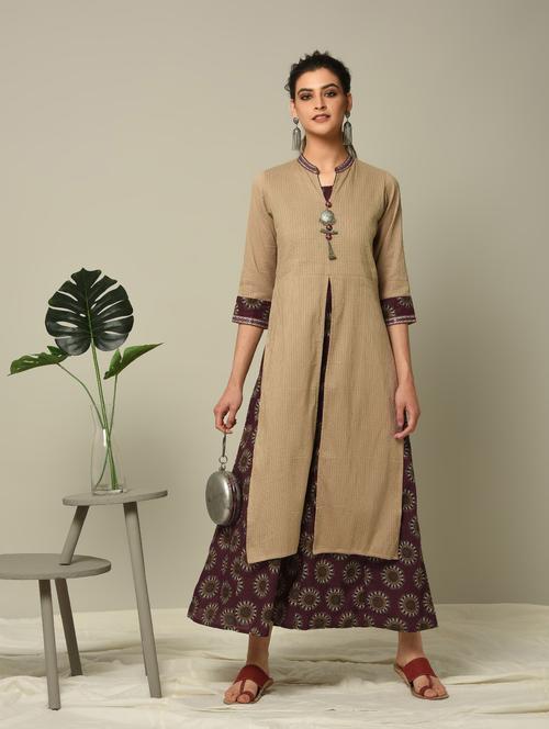 beige pintucks layered kurta - 16167276 - Standard Image - 1