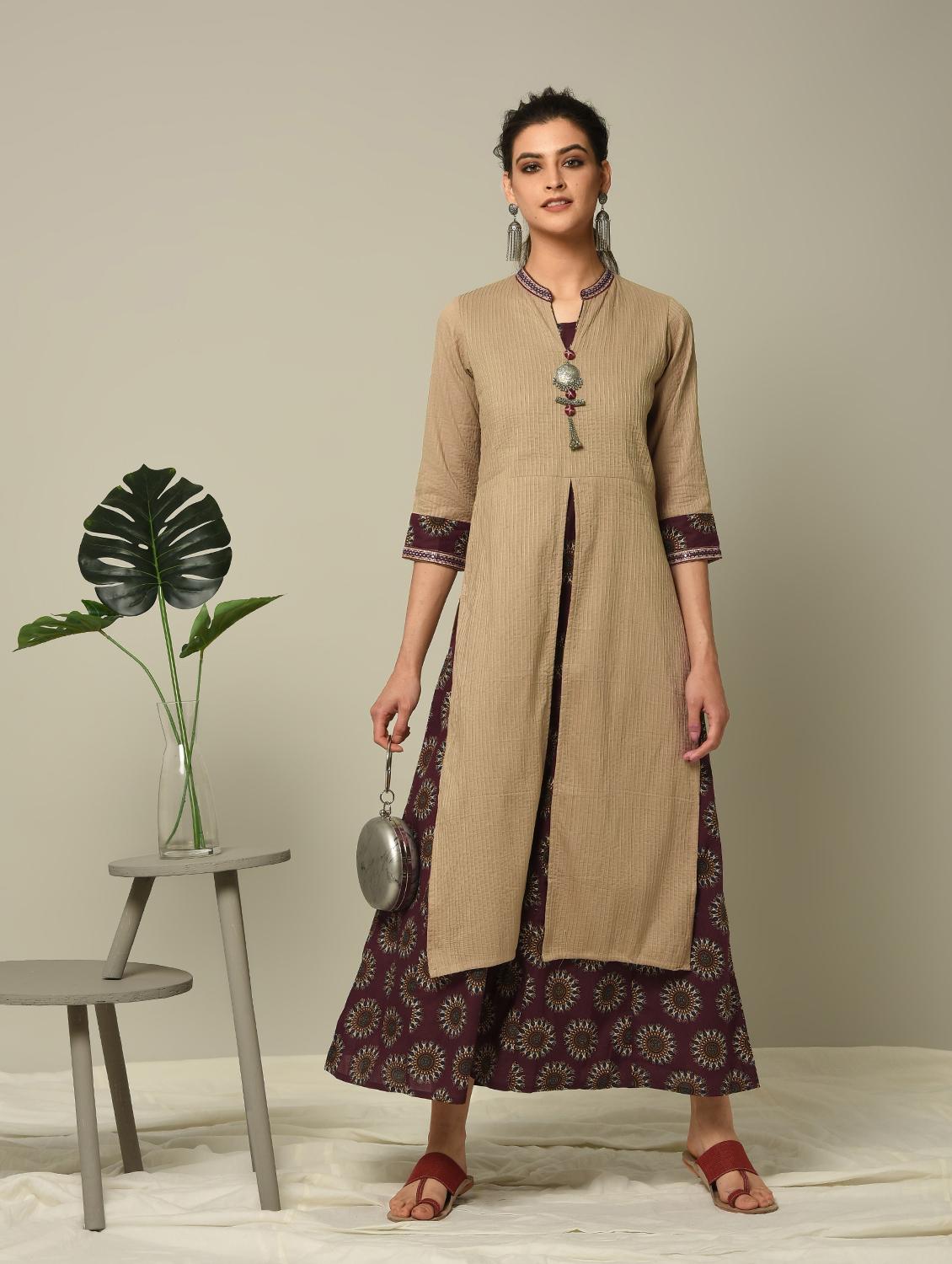 beige pintucks layered kurta - 16167276 - Zoom Image - 1