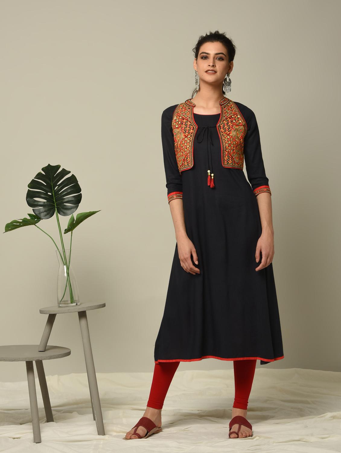solid a-line kurta with embroidered jacket - 16167307 - Zoom Image - 1
