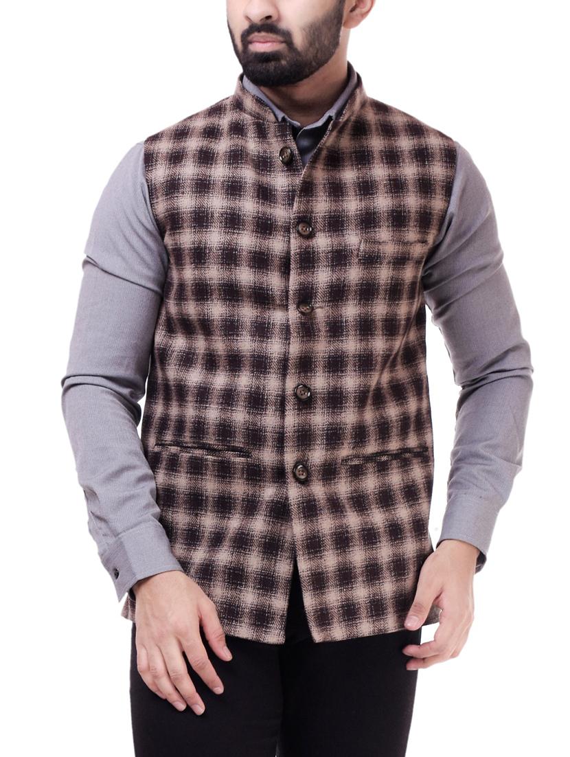 brown checkered nehru jacket - 16169245 - Zoom Image - 1