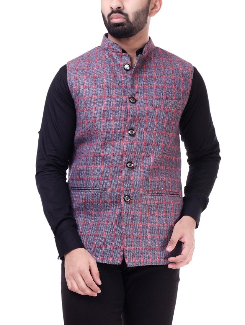 blue checkered nehru jacket - 16169247 - Zoom Image - 1