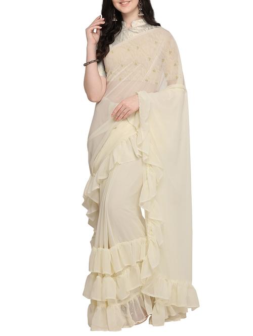 Solid ruffled saree with blouse - 16169311 - Standard Image - 1