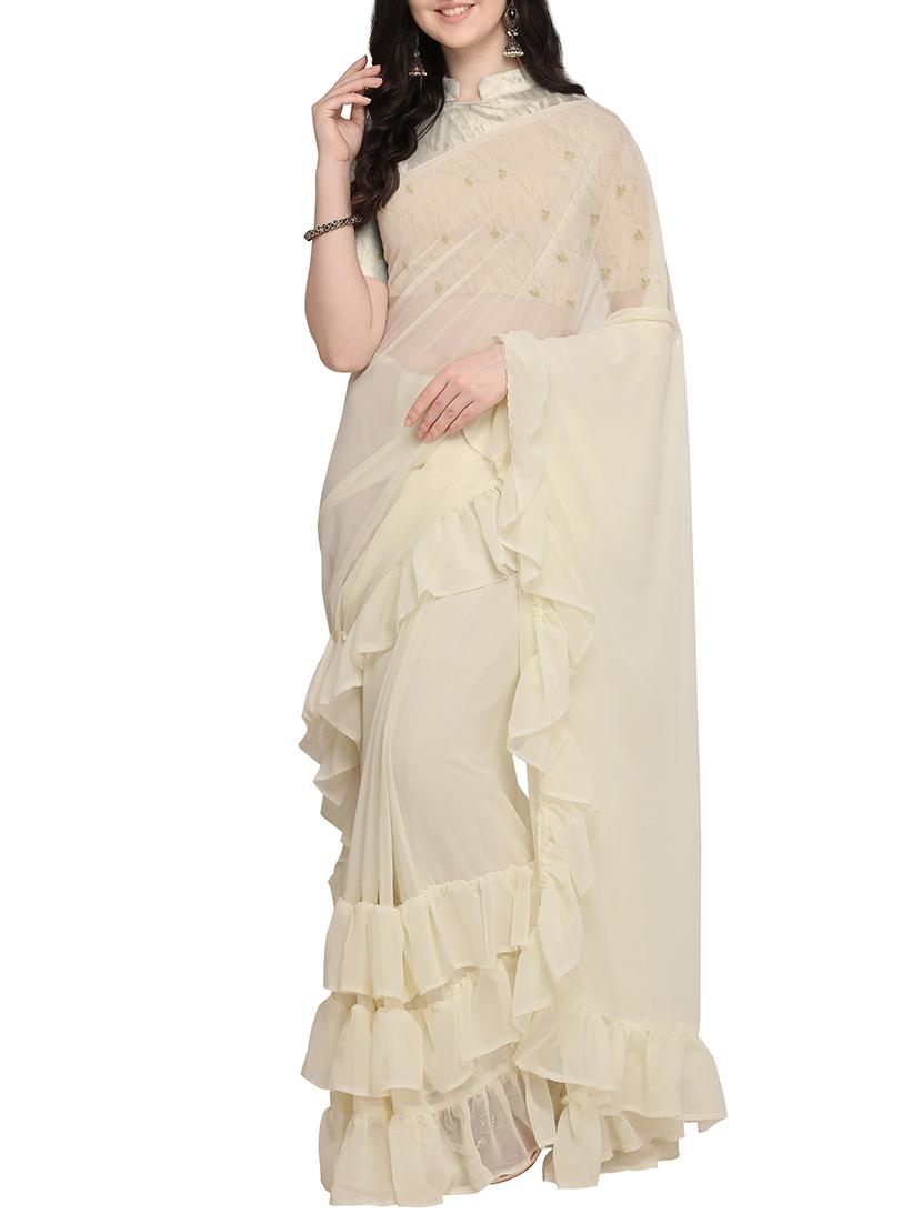 Solid ruffled saree with blouse - 16169311 - Zoom Image - 1