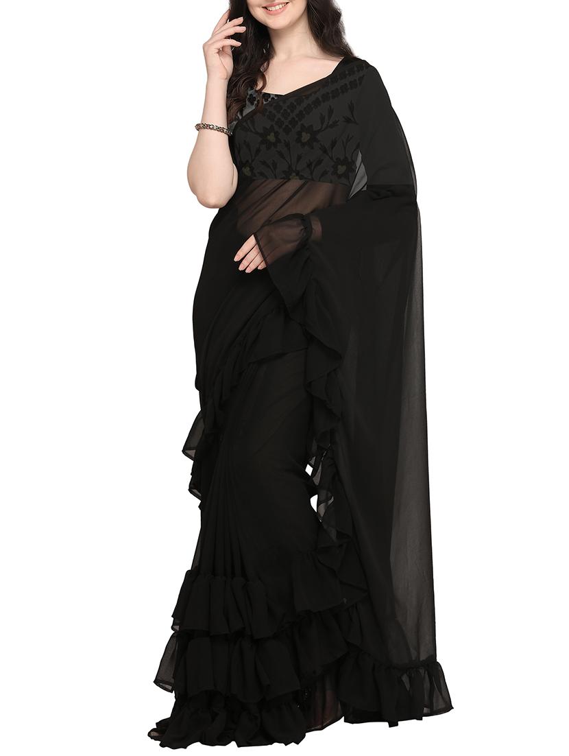 Ruffle solid plain saree with blouse - 16169322 - Zoom Image - 1