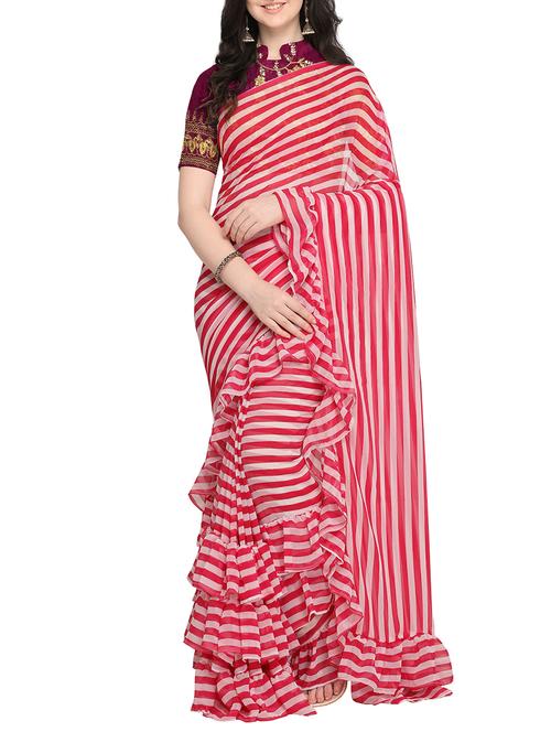 Ruffle stripes saree with blouse - 16169325 - Very Small Image - 1