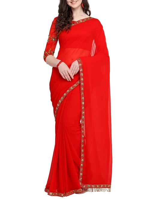Bordered solid plain saree with blouse - 16169328 - Standard Image - 1